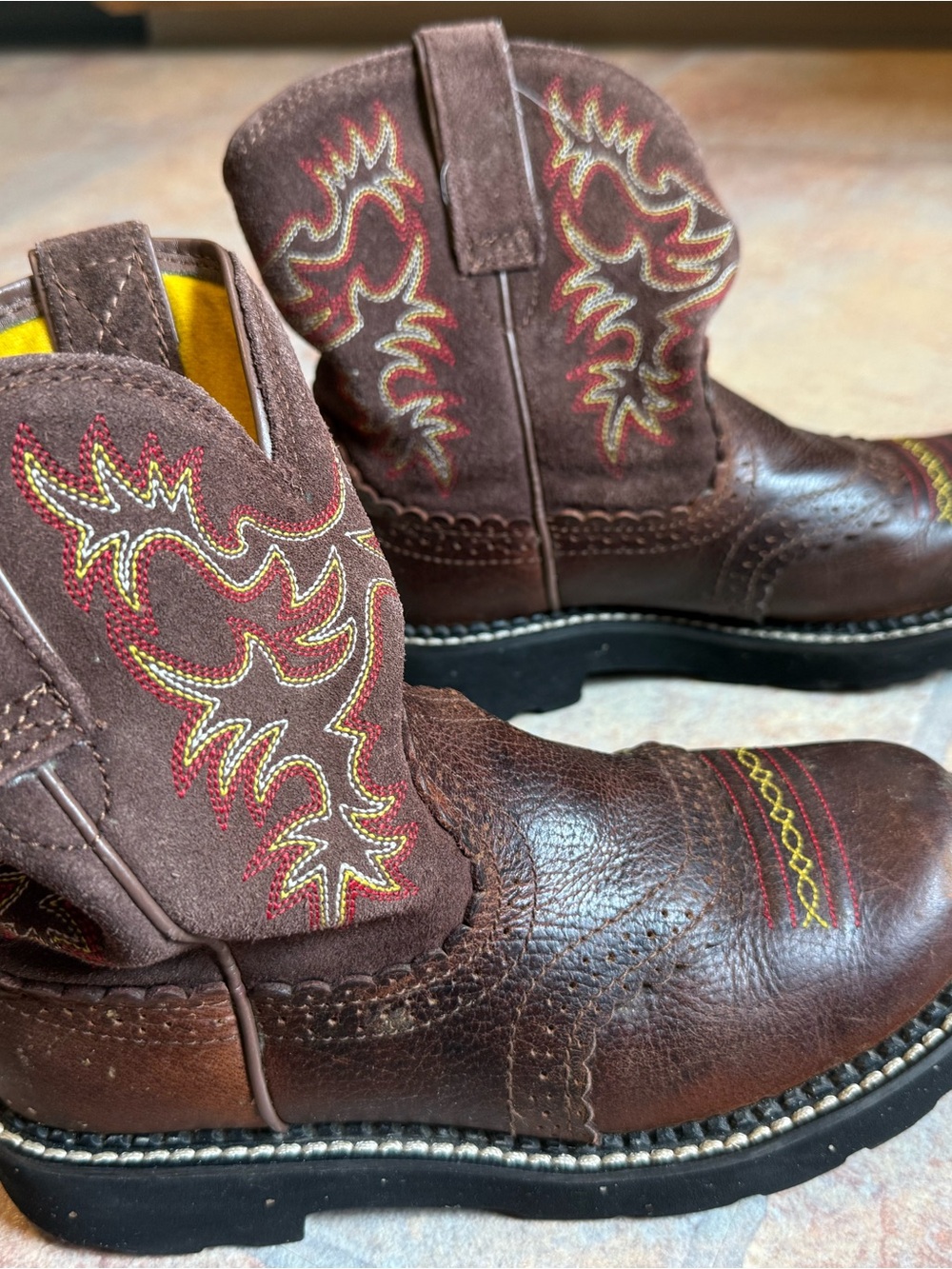 Ariat Brown Leather Western Heeled Boots with Red & Yellow Stitching